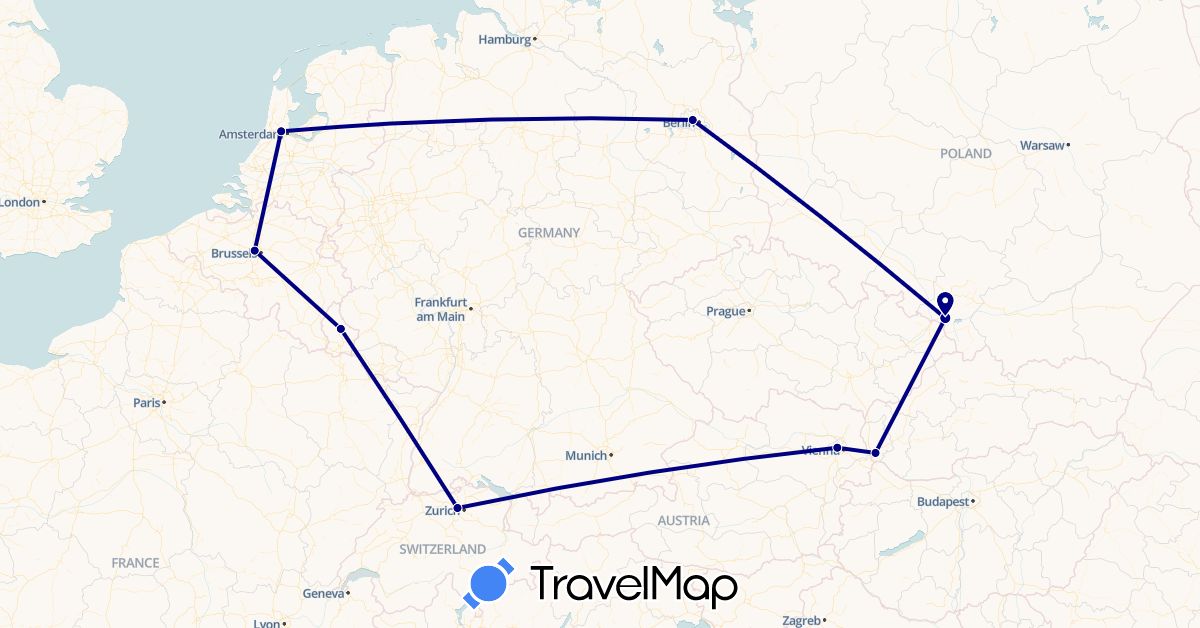 TravelMap itinerary: driving in Austria, Belgium, Switzerland, Germany, Luxembourg, Netherlands, Poland, Slovakia (Europe)